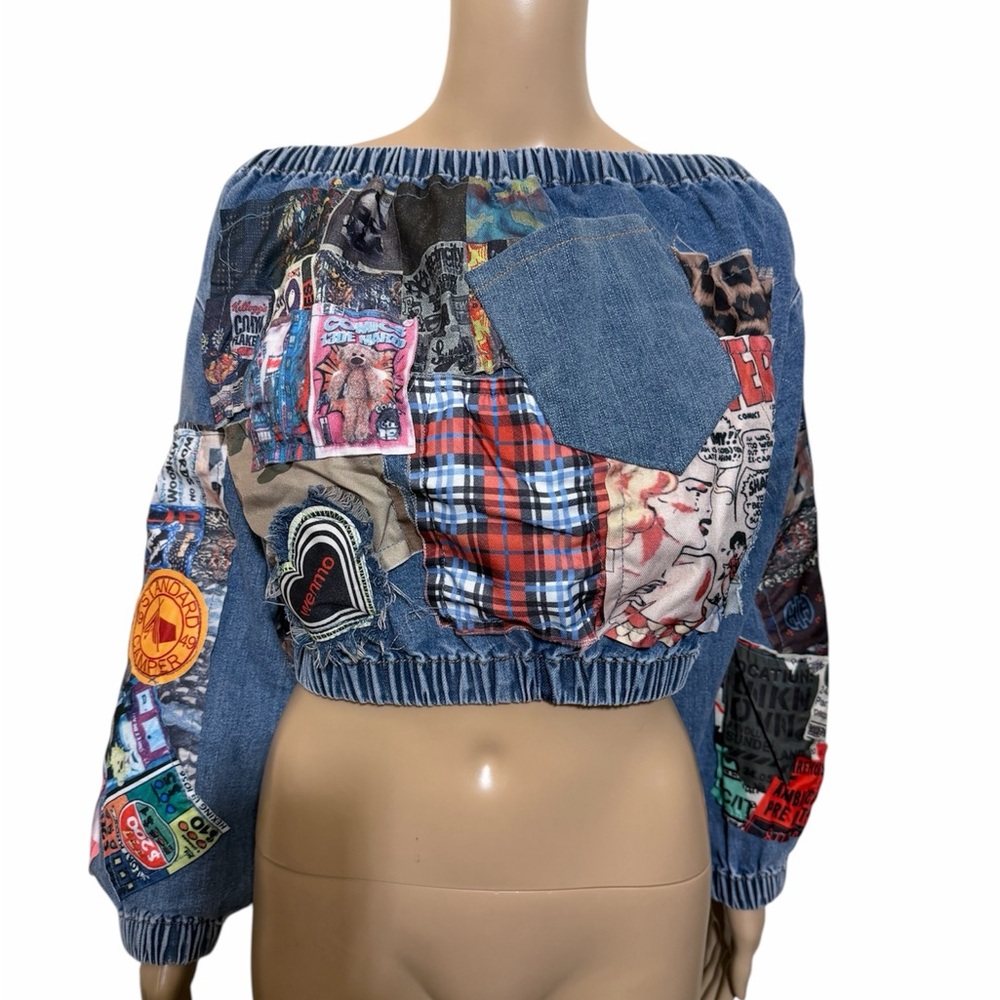 AKIRA Denim Patchwork Crop Top - Blue, Black, White - Picture 4 of 8